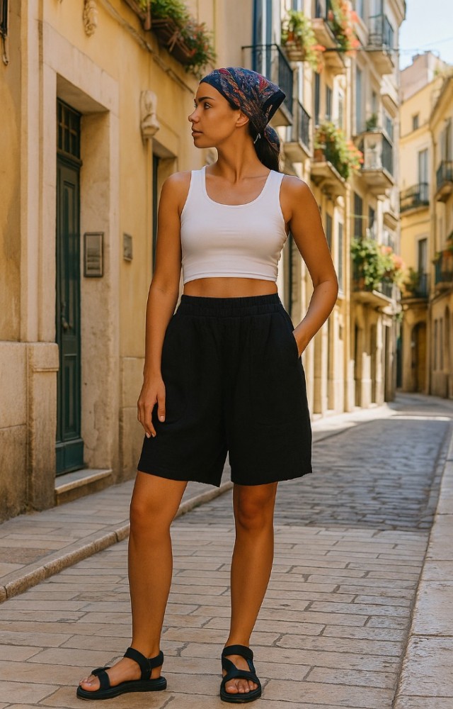 Siyah Beli Lastikli Cepli Keten Kadın Şort