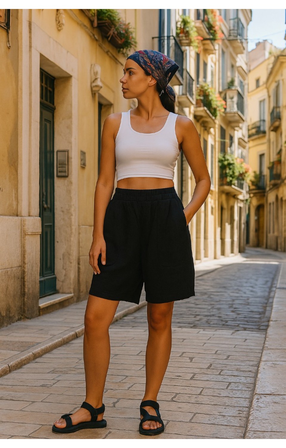 Siyah Beli Lastikli Cepli Keten Kadın Şort