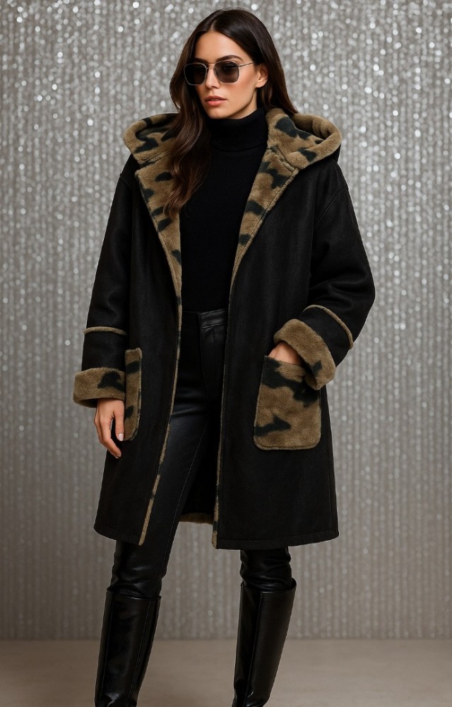 İçi Peluş Kamuflaj Desen Dışı Nubuk Kumaş Kadın Mont