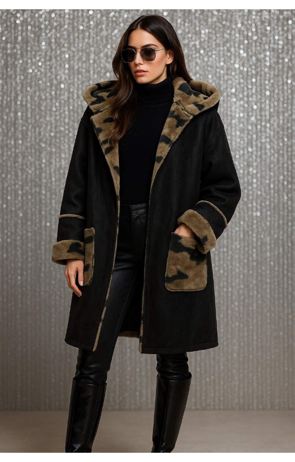 İçi Peluş Kamuflaj Desen Dışı Nubuk Kumaş Kadın Mont