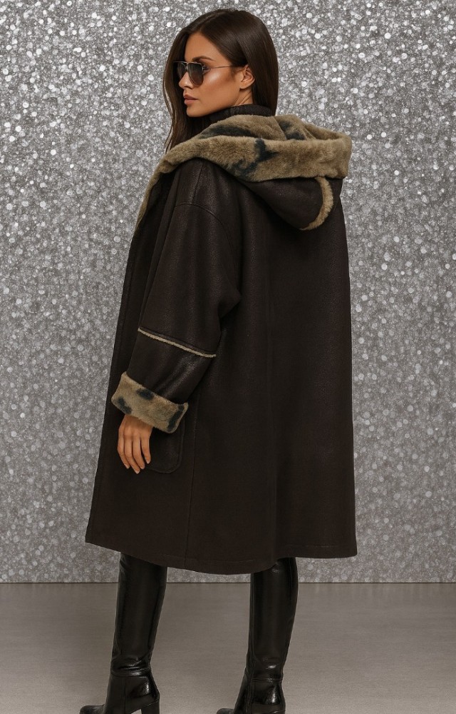 İçi Peluş Kamuflaj Desen Dışı Nubuk Kumaş Kadın Mont