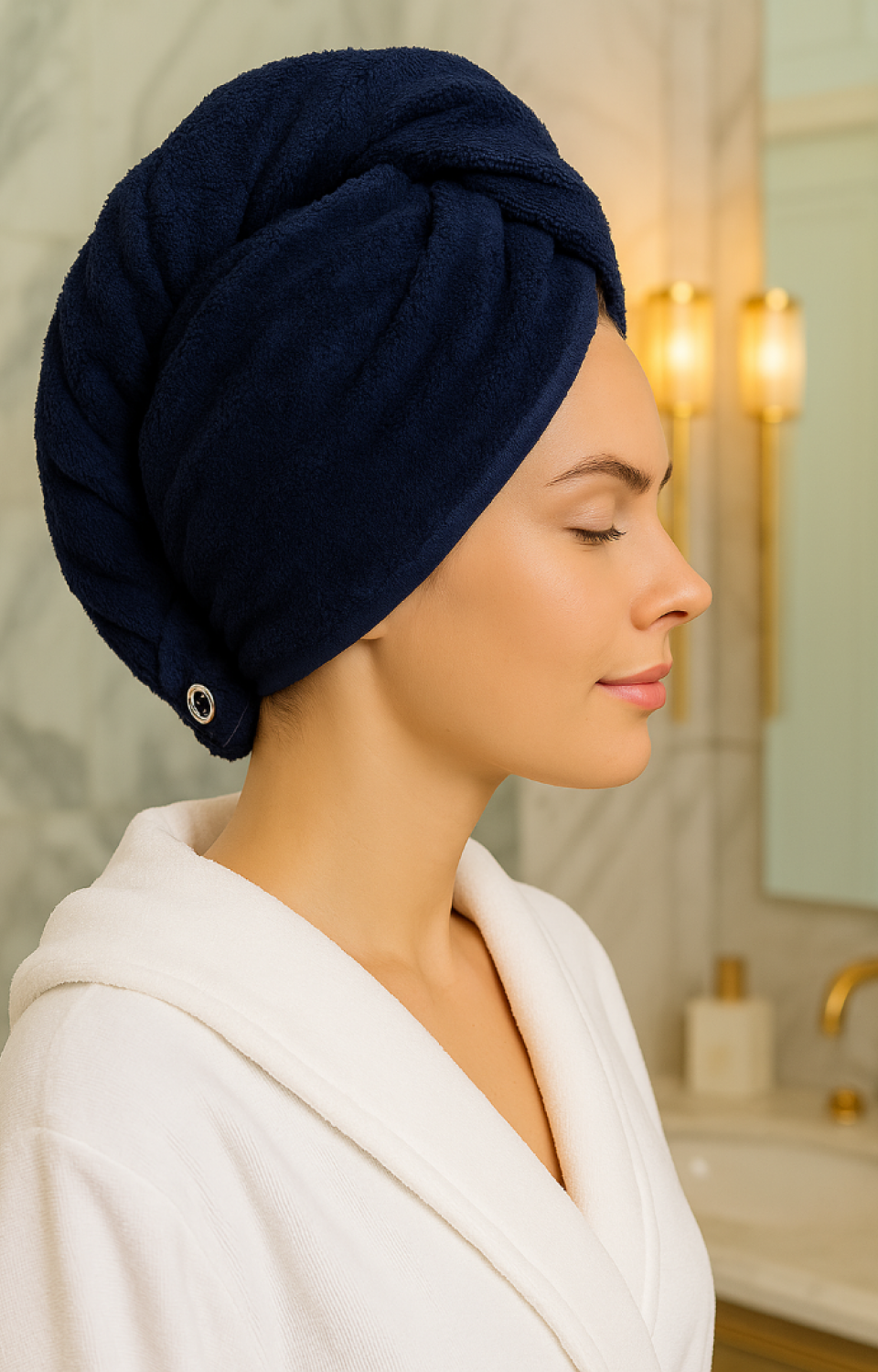 %100 Pamuk Düğmeli Lüx Havlu Saç Bonesi Lacivert