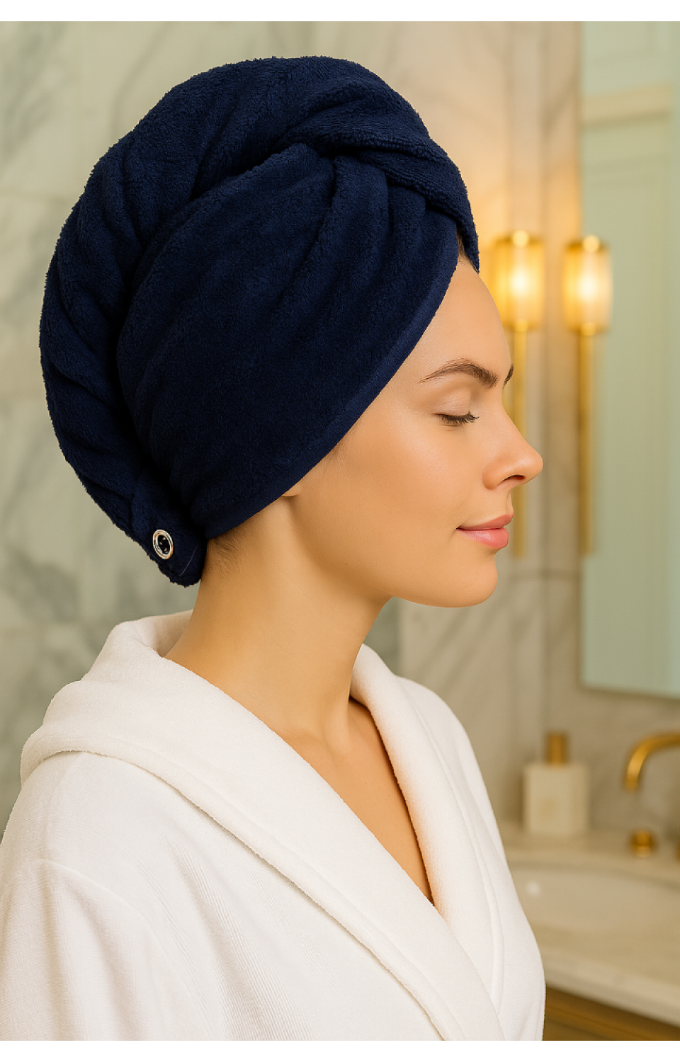 %100 Pamuk Düğmeli Lüx Havlu Saç Bonesi Lacivert