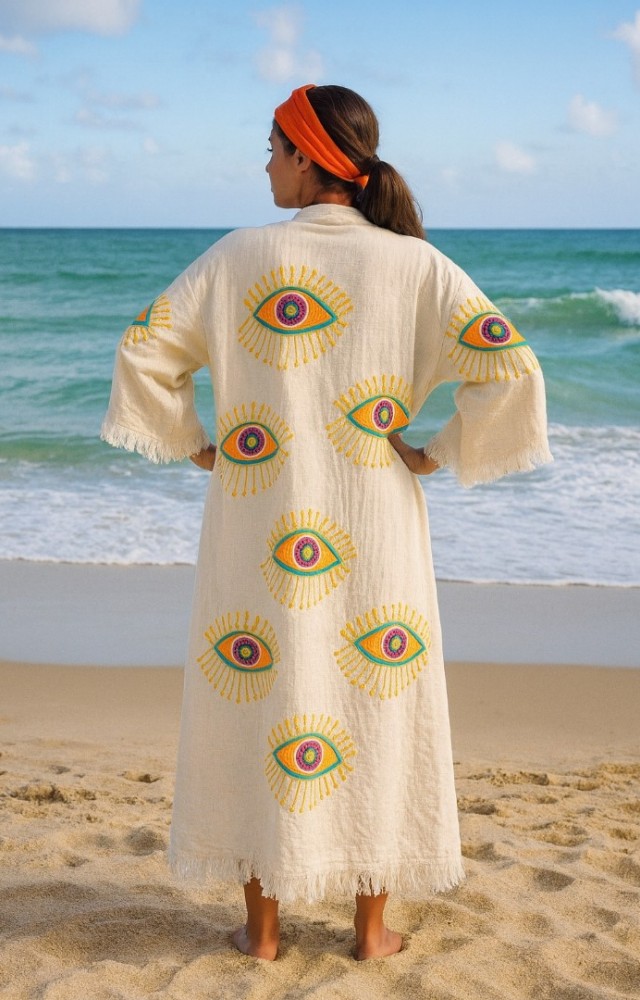 4 Kat Kumaş Özel Baskı Turuncu Göz Desenli Doğal Natürel Müslin Kaftan Kimono Peştemal Bornoz