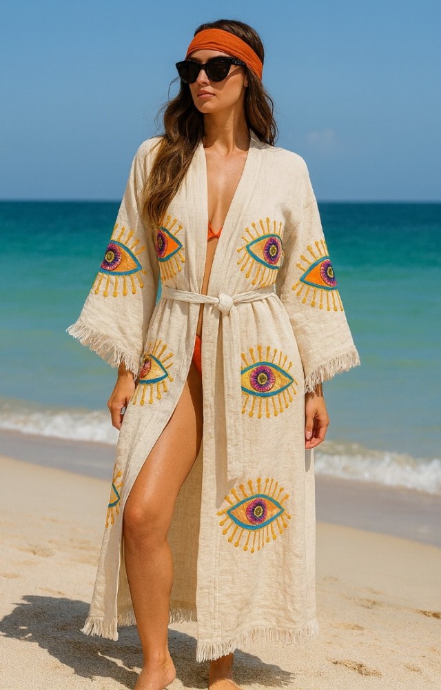 4 Kat Kumaş Özel Baskı Turuncu Göz Desenli Doğal Natürel Müslin Kaftan Kimono Peştemal Bornoz