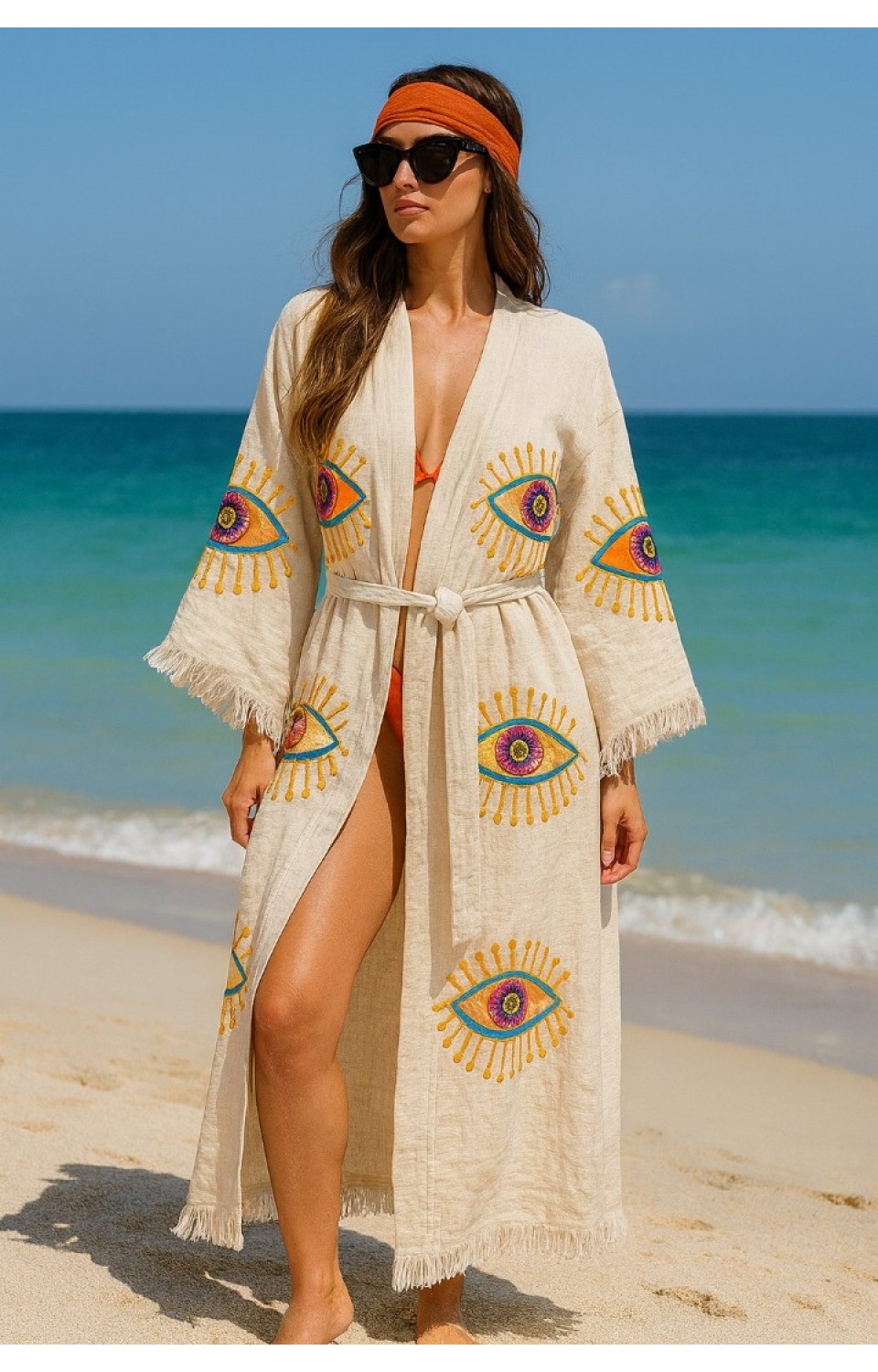 4 Kat Natürel Müslin Pamuk Kumaş Kimyasal İşlem Görmemiş El Baskılı Kaftan Kimono Peştemal Bornoz17