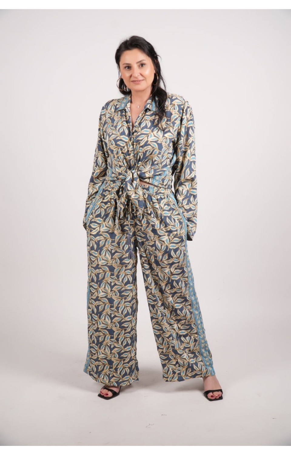 Uzun Double Kol Bağlamalı Gömlek Beli Lastikli Bağlamalı Geniş Paça Pantalon Kadın Yazlık Takım Elbise