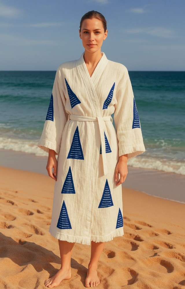 Yelken Desen Baskılı Müslin Kaftan Kimono Peştemal Bornoz (BOYU 120 CM)