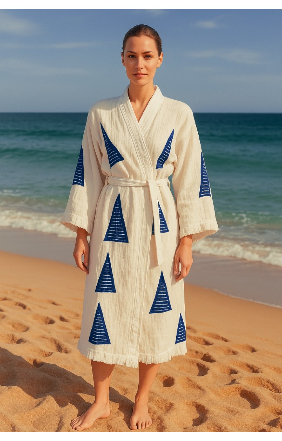 Yelken Desen Baskılı Müslin Kaftan Kimono Peştemal Bornoz (BOYU 120 CM)