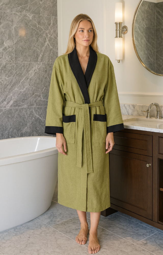 Şal Yaka Cepli İnce Pike Kumaş Unisex Kadın Erkek Sabahlık Bornoz Haki