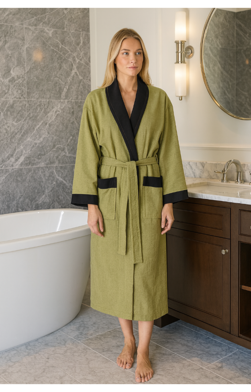 Şal Yaka Cepli İnce Pike Kumaş Unisex Kadın Erkek Sabahlık Bornoz Haki