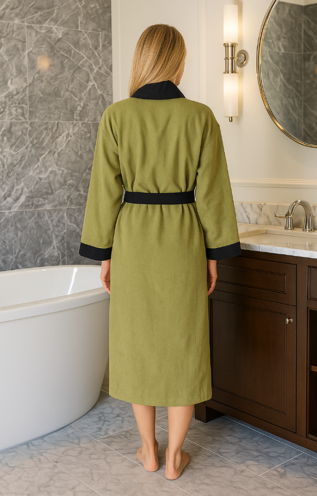 Şal Yaka Cepli İnce Pike Kumaş Unisex Kadın Erkek Sabahlık Bornoz Haki