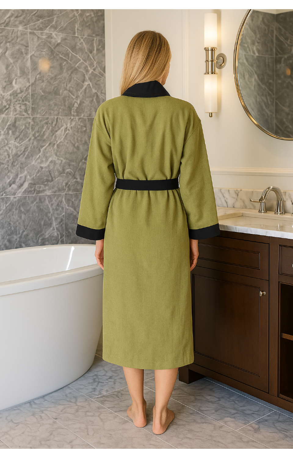 Şal Yaka Cepli İnce Pike Kumaş Unisex Kadın Erkek Sabahlık Bornoz Haki