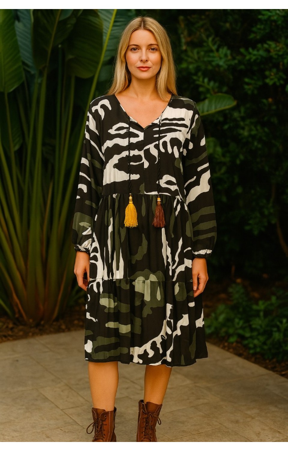 Kadın Yazlık Volanlı Kamuflaj Elbise