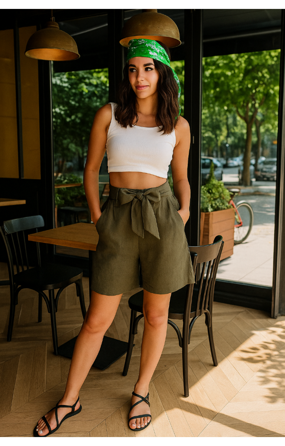 Beli Lastikli Bağlamalı Cepli Haki Keten Kadın Şort