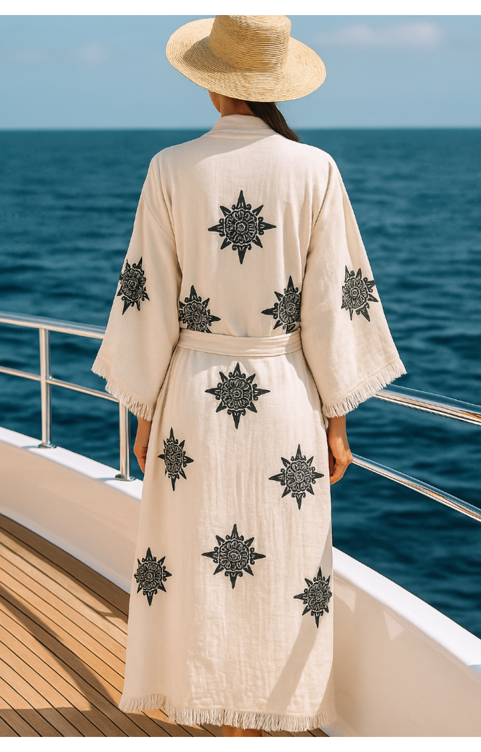 4 Kat Natürel Müslin Pamuk Kumaş Kimyasal İşlem Görmemiş El Baskılı Kaftan Kimono Peştemal Bornoz7