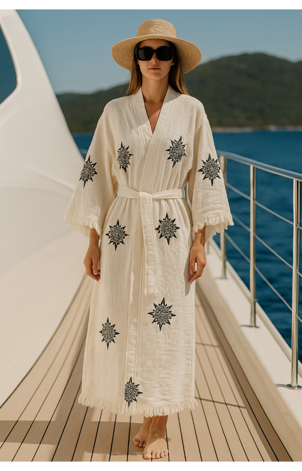 4 Kat Natürel Müslin Pamuk Kumaş Kimyasal İşlem Görmemiş El Baskılı Kaftan Kimono Peştemal Bornoz7