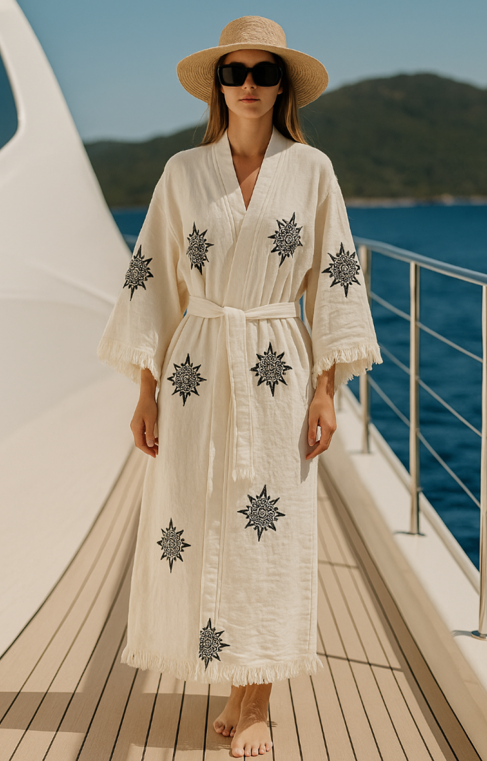 4 Kat Natürel Müslin Pamuk Kumaş Kimyasal İşlem Görmemiş El Baskılı Kaftan Kimono Peştemal Bornoz7