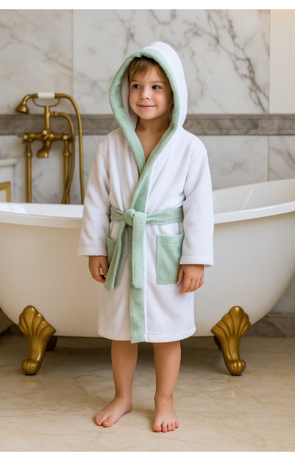 Dokulu Çocuk Bornozu Bambu Penye İplik Mükemmel Kalite Uzun Yıllar Yumuşak Kalır Suyu Çabuk Emer Yeşil Şeritli