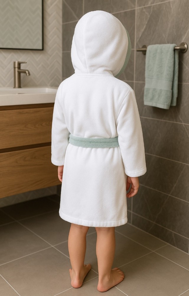 Dokulu Çocuk Bornozu Bambu Penye İplik Mükemmel Kalite Uzun Yıllar Yumuşak Kalır Suyu Çabuk Emer Yeşil Şeritli