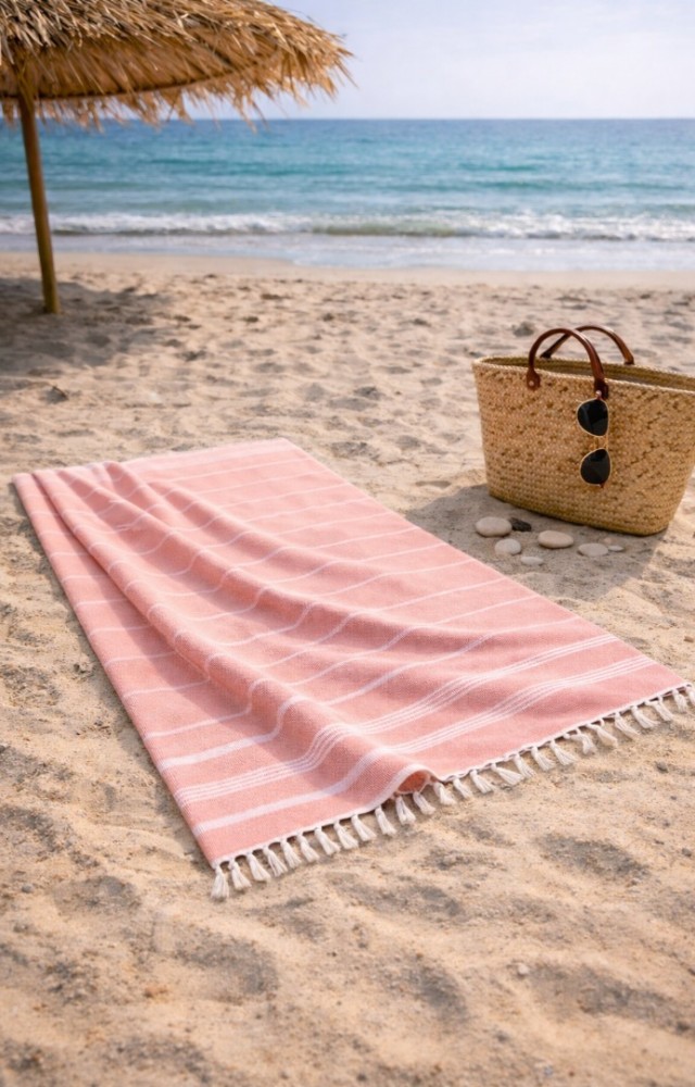 Çizgili %100 Pamuk 90x180 cm Peştemal Plaj Banyo Havlusu Açık Pembe