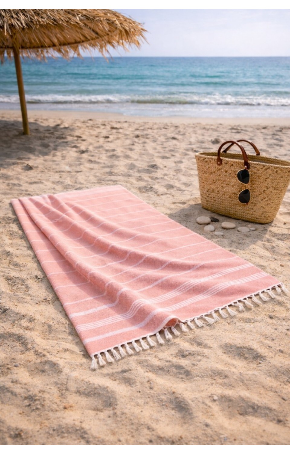 Çizgili %100 Pamuk 90x180 cm Peştemal Plaj Banyo Havlusu Açık Pembe