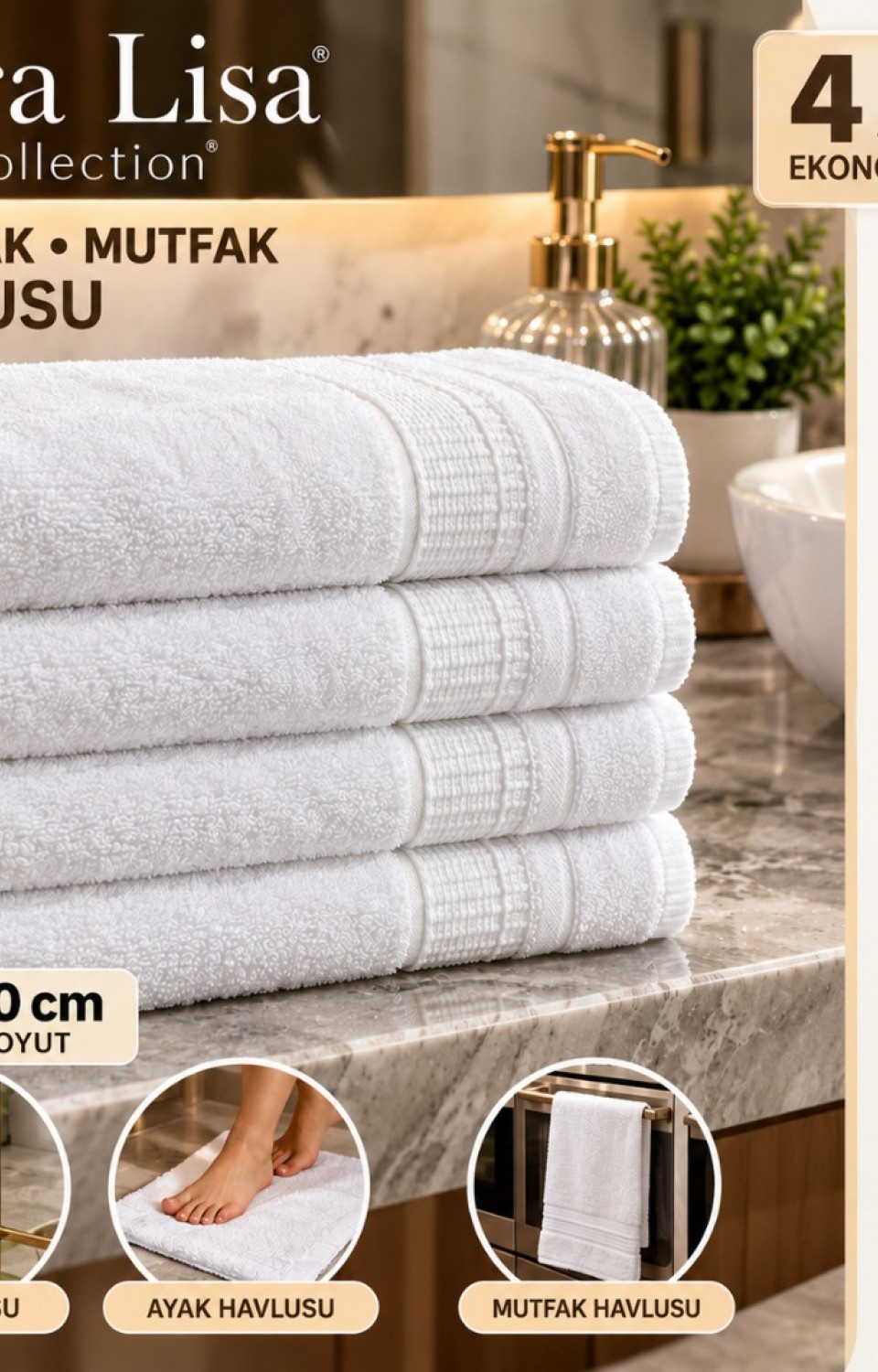 4'lü Premium Microcotton %100 Pamuk 30X50 cm Bordürlü El, Ayak ve Mutfak Havlusu Seti