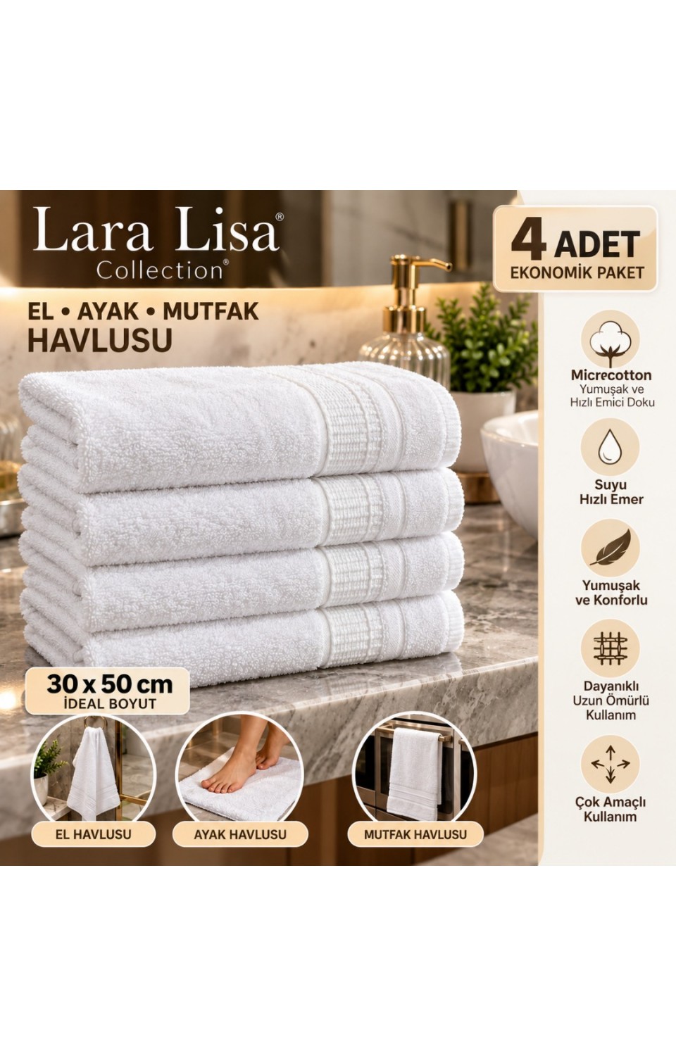 4'lü Premium Microcotton %100 Pamuk 30X50 cm Bordürlü El, Ayak ve Mutfak Havlusu Seti