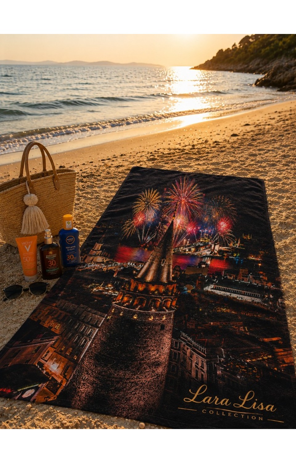 Pamuklu 3D Baskılı Özel Tasarım 70x140cm Plaj Havuz Deniz Havlusu Galata