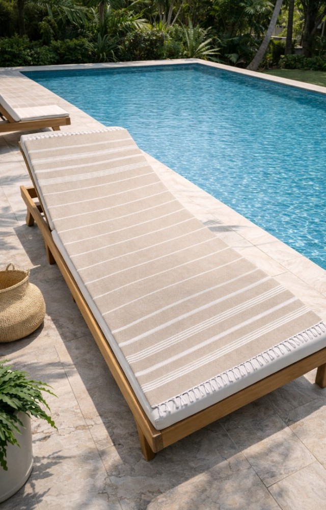 Çizgili %100 Pamuk 90x180 cm Peştemal Plaj Banyo Havlusu Bej