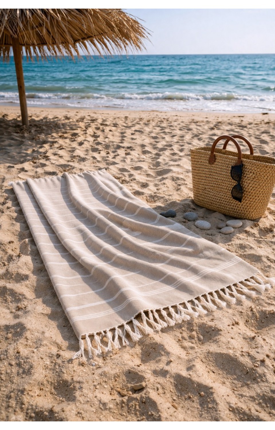 Çizgili %100 Pamuk 90x180 cm Peştemal Plaj Banyo Havlusu Bej