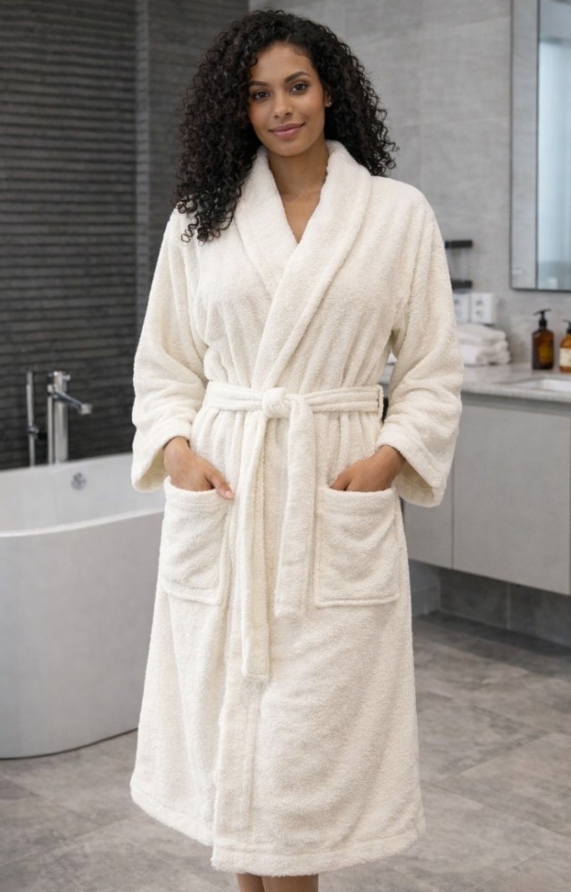 Şal Yaka Cepli Pamuklu Bornoz Krem