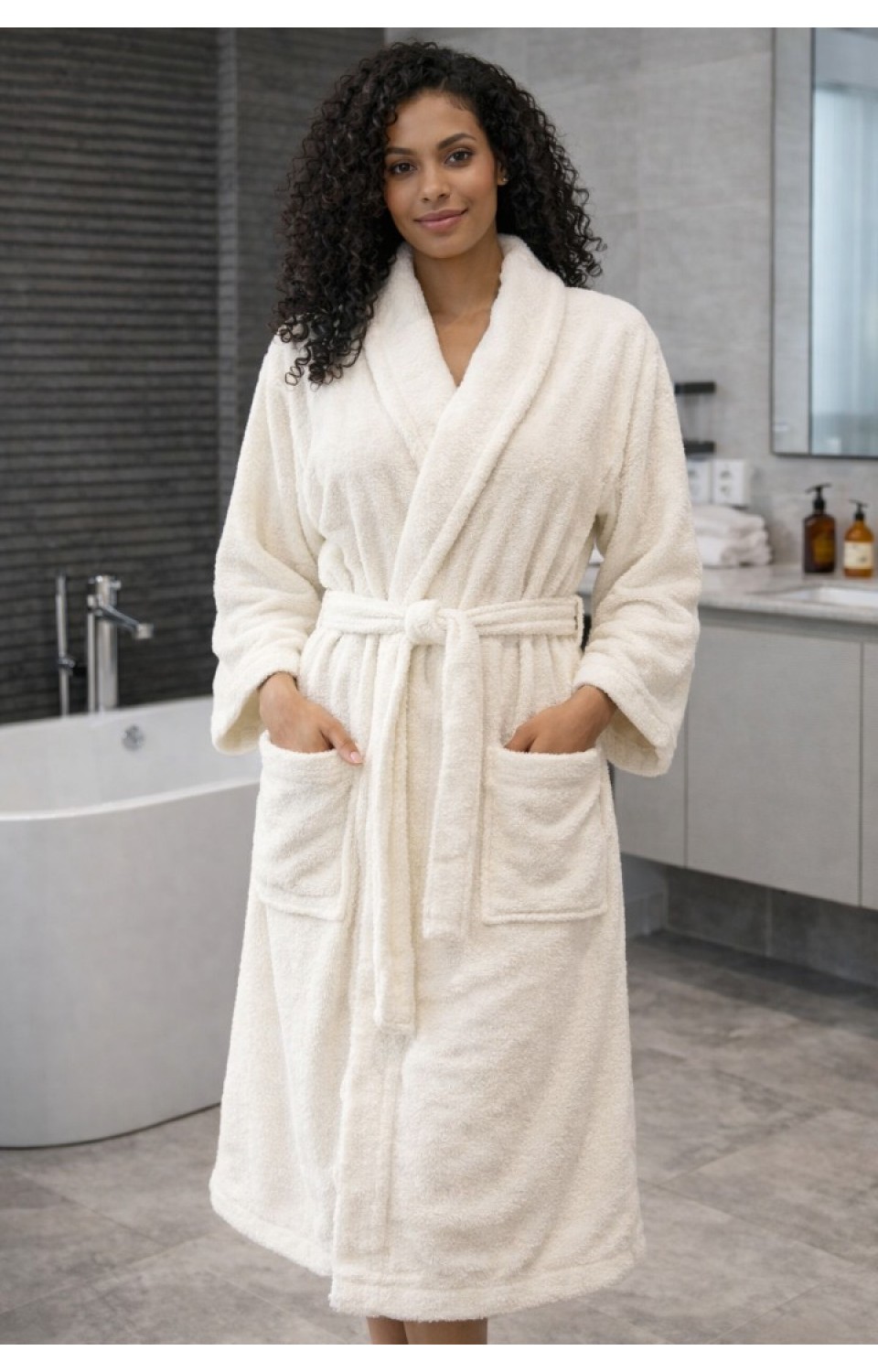 Şal Yaka Cepli Pamuklu Bornoz Krem