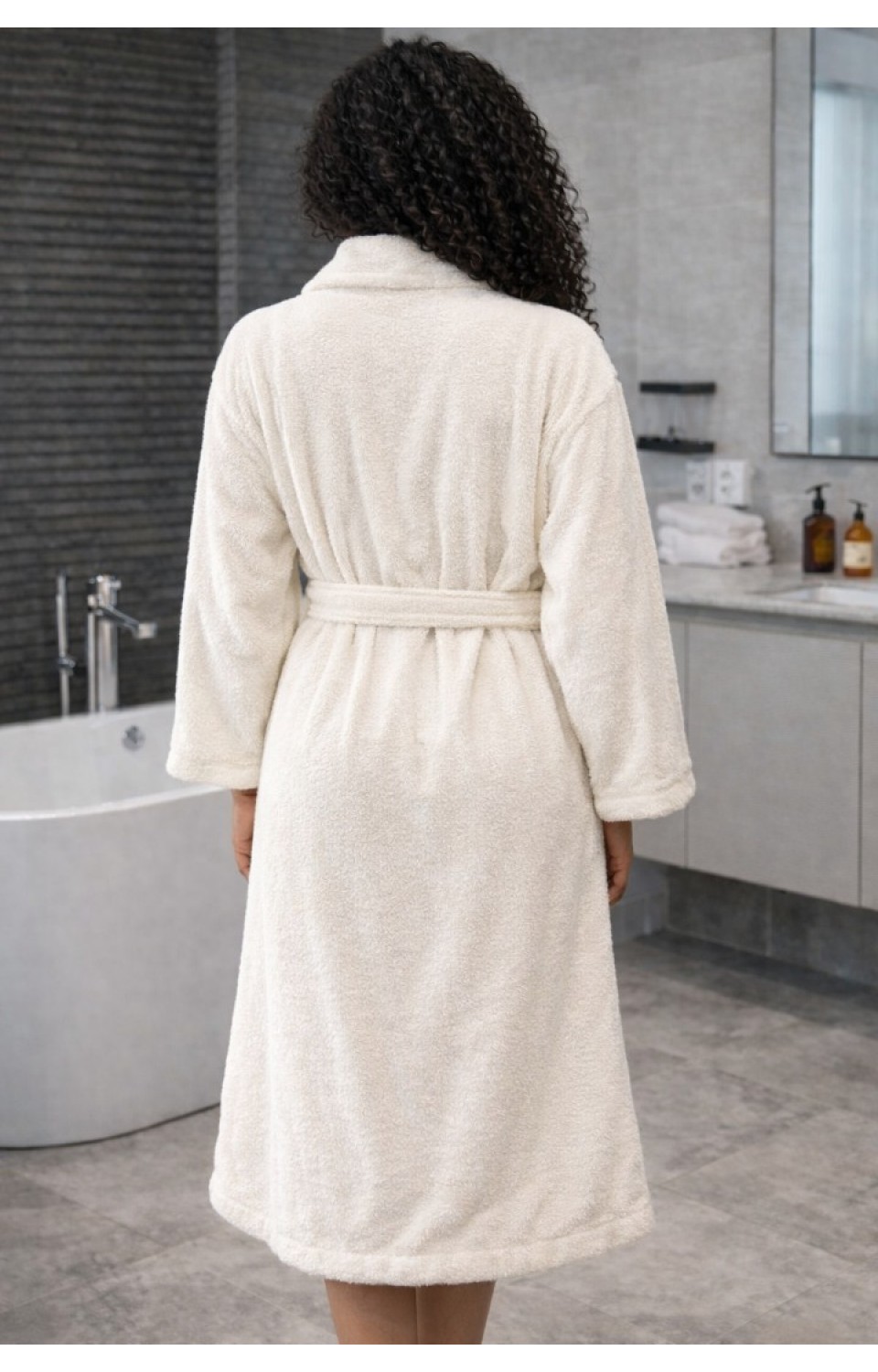 Şal Yaka Cepli Pamuklu Bornoz Krem