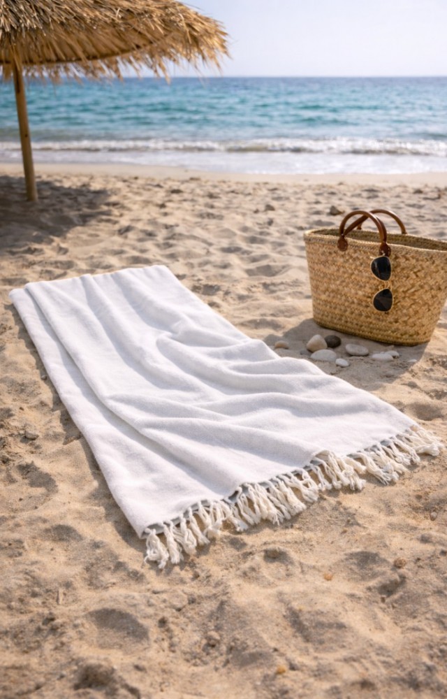 Çizgili %100 Pamuk 90x180 cm Peştemal Plaj Banyo Havlusu Beyaz