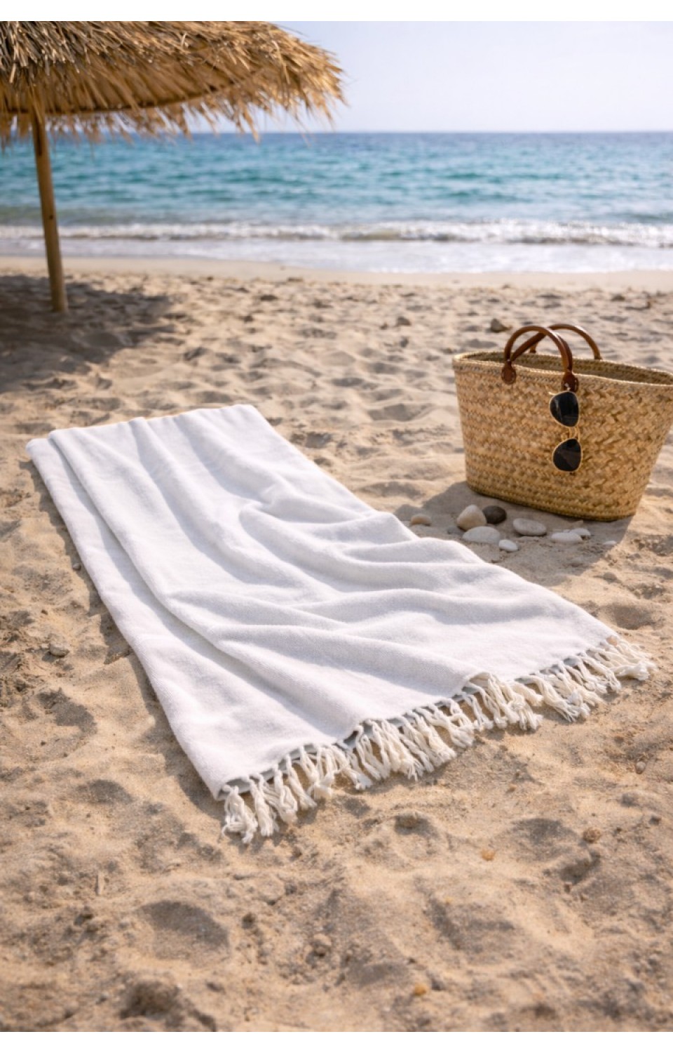 Çizgili %100 Pamuk 90x180 cm Peştemal Plaj Banyo Havlusu Beyaz