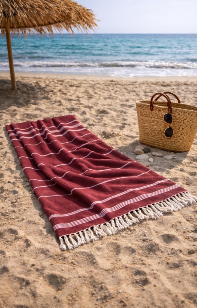 Çizgili %100 Pamuk 90x180 cm Peştemal Plaj Banyo Havlusu Bordo