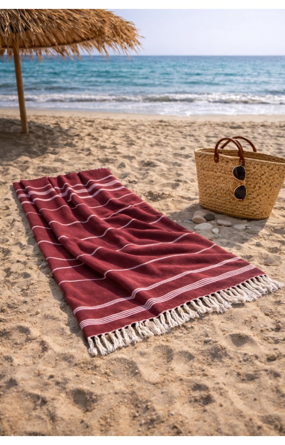 Çizgili %100 Pamuk 90x180 cm Peştemal Plaj Banyo Havlusu Bordo