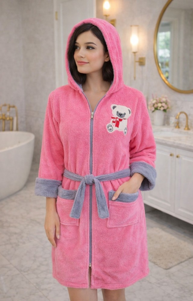 Kapüşonlu Fermuarlı Cepli Sabit Kuşak Detaylı Pamuklu Bornoz Koyu Pembe