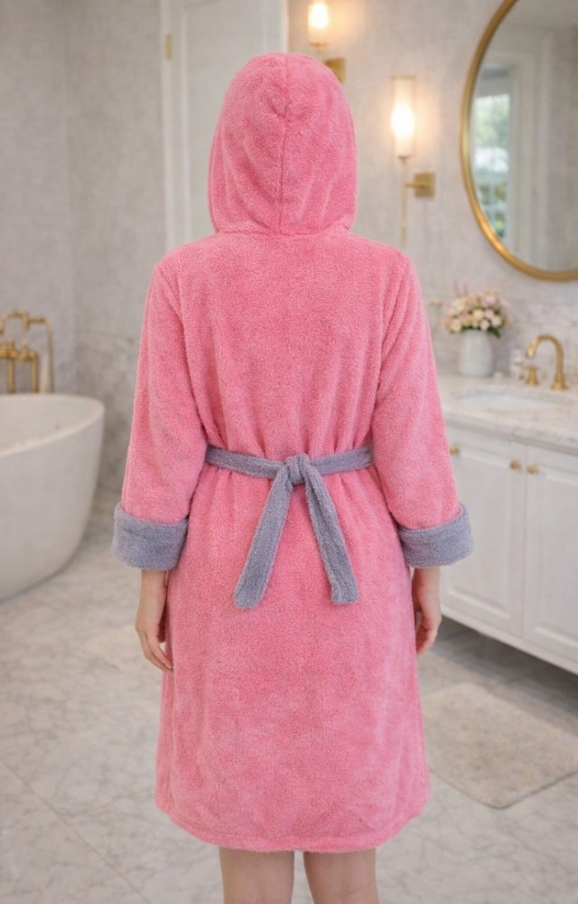 Kapüşonlu Fermuarlı Cepli Sabit Kuşak Detaylı Pamuklu Bornoz Koyu Pembe