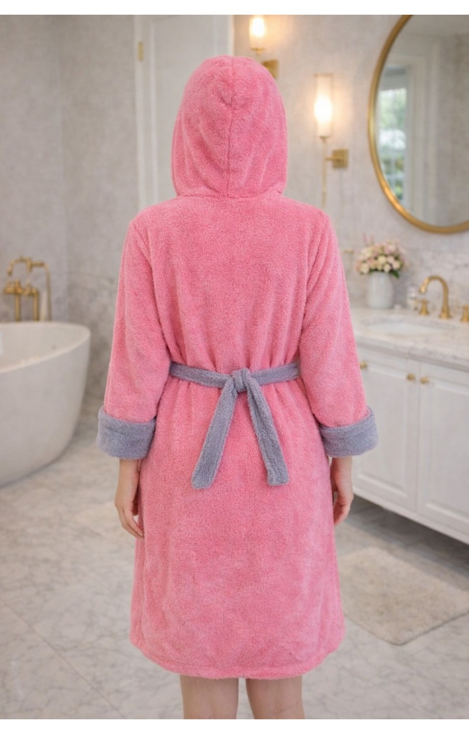 Kapüşonlu Fermuarlı Cepli Sabit Kuşak Detaylı Pamuklu Bornoz Koyu Pembe