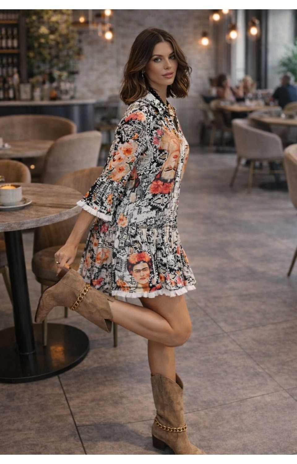 Kadın %100 Pamuk Desenli Püskül Detay Otantik Elbise