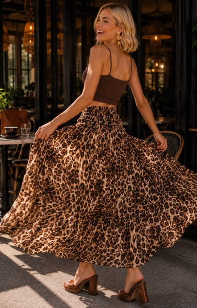 Leopar Desenli Beli Lastikli Kadın Uzun Etek