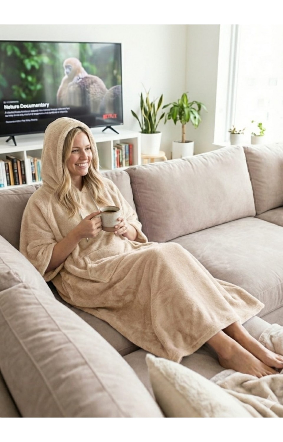 Giyilebilir Ev Battaniyesi Yumuşak Dokusuyla Sıcak Tutar Bej