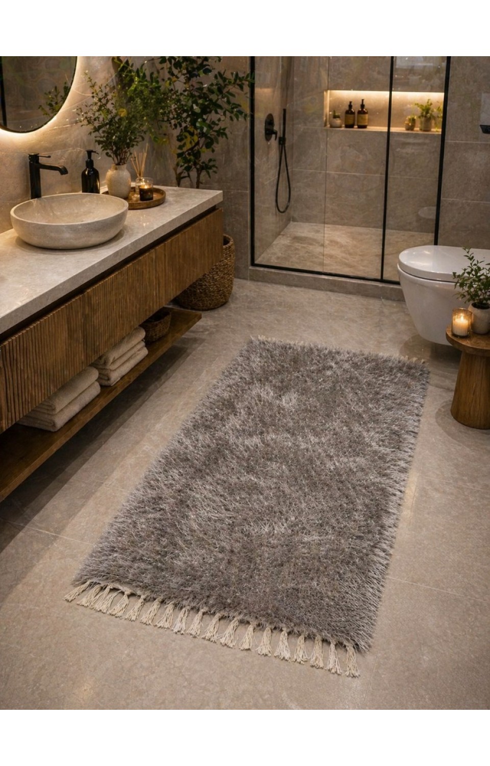 El Dokuma Bambu Viskon Yumuşak İplik 70x140 cm Peluş Halı Paspas Gri