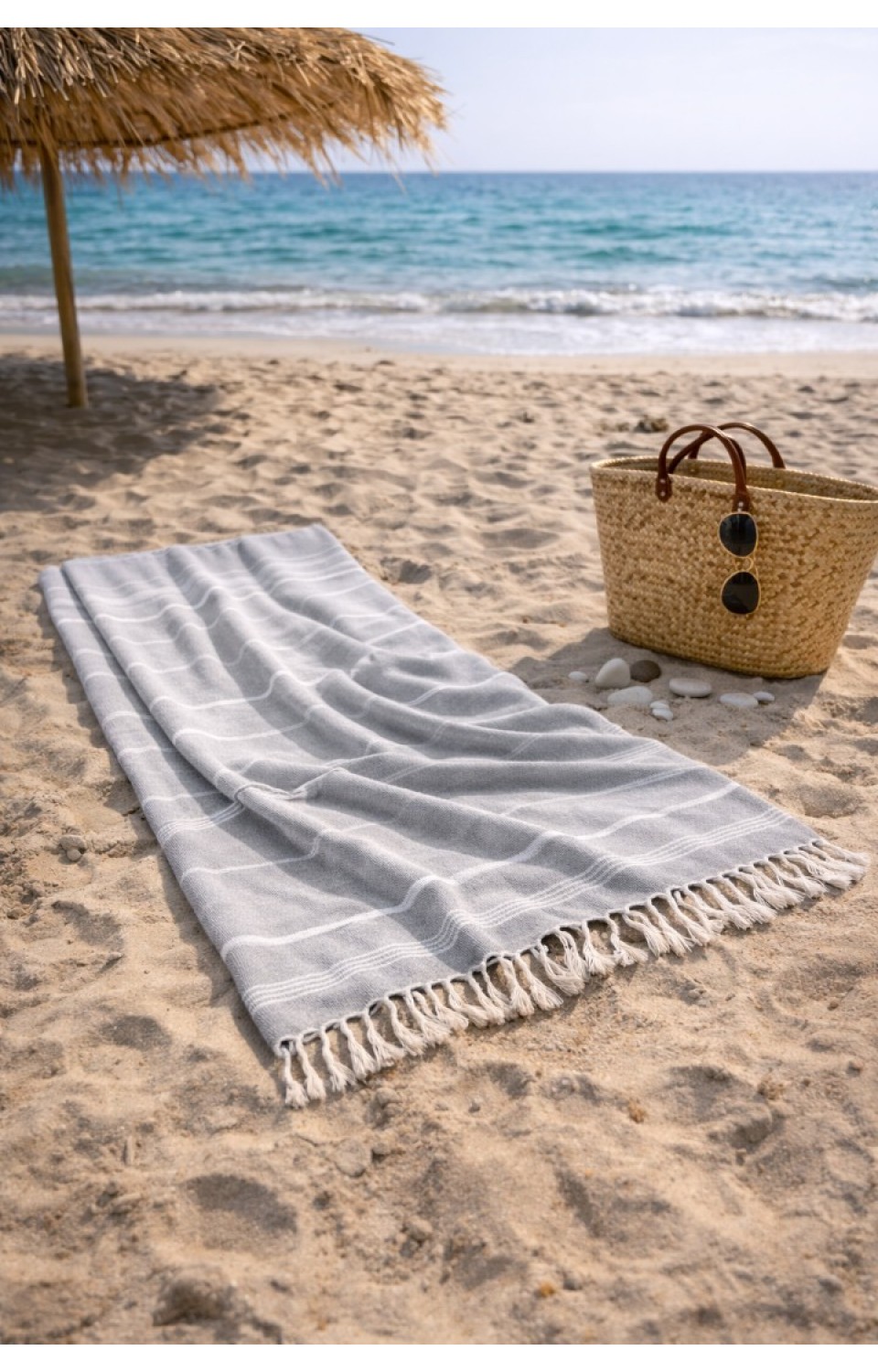 Çizgili %100 Pamuk 90x180 cm Peştemal Plaj Banyo Havlusu Gri