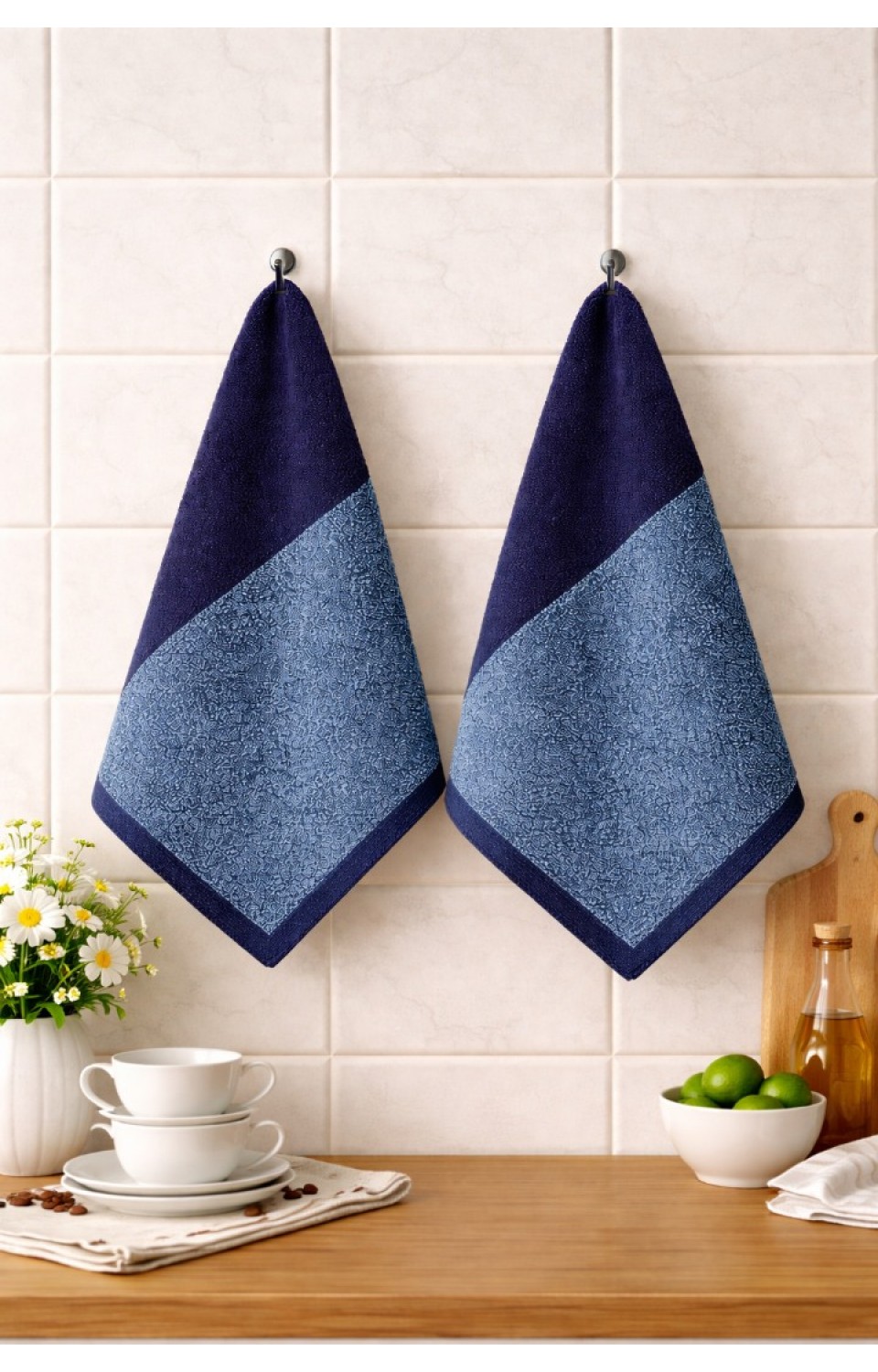 2'li Premium Lacivert-Mavi %100 Pamuk 30X50 Mutfak Havlu Seti