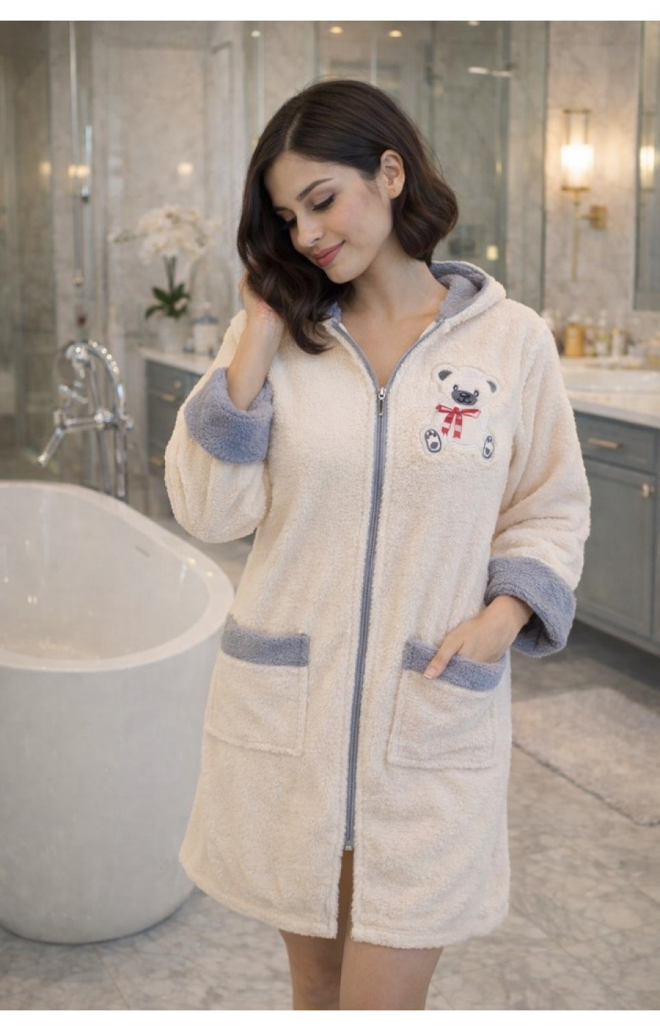 Kapüşonlu Fermuarlı Cepli Sabit Kuşak Detaylı Pamuklu Bornoz Krem