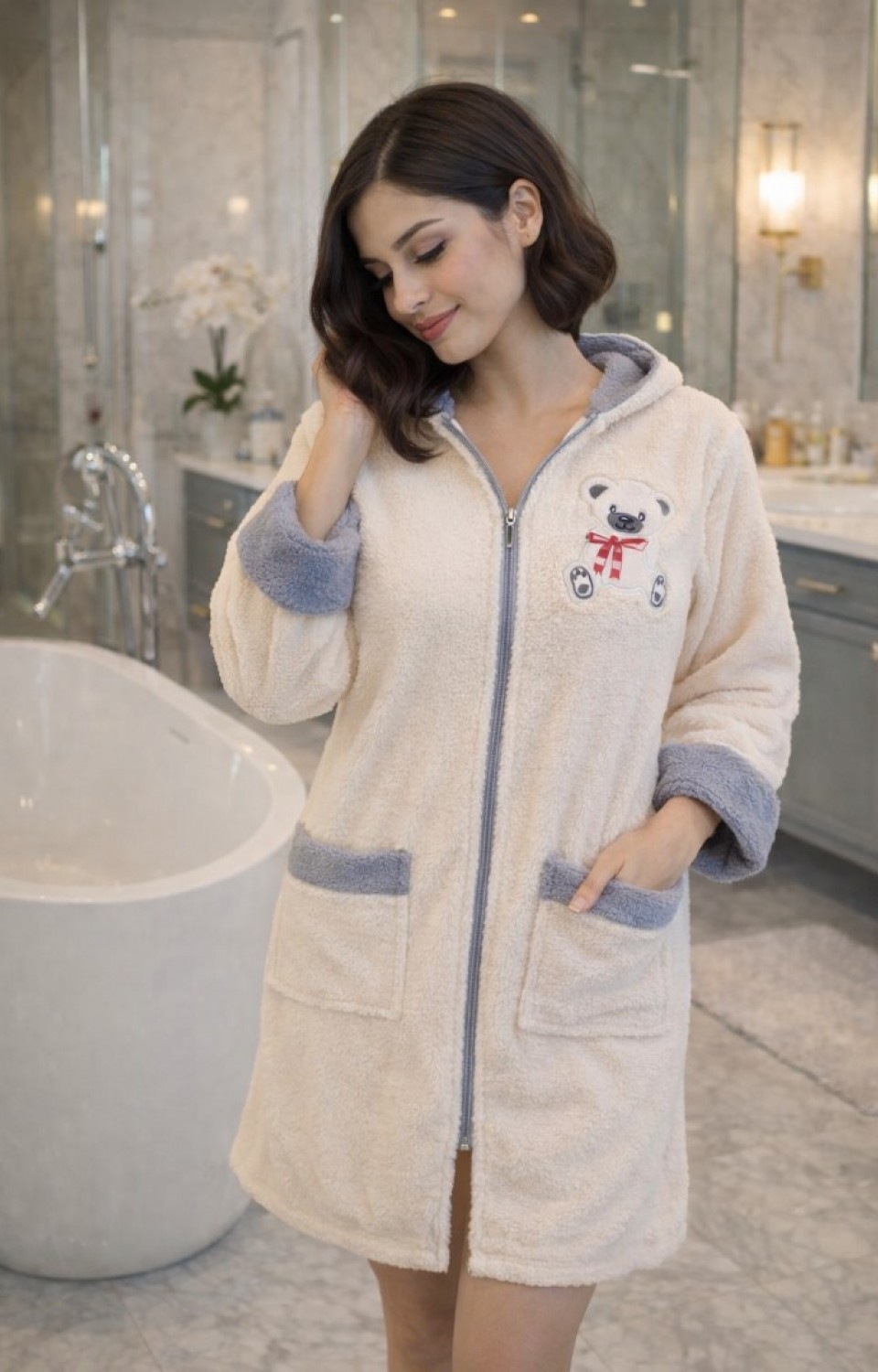 Kapüşonlu Fermuarlı Cepli Sabit Kuşak Detaylı Pamuklu Bornoz Krem