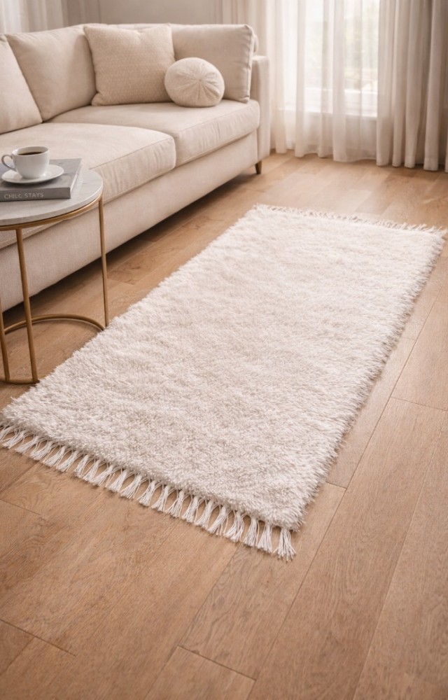 El Dokuma Bambu Viskon Yumuşak İplik 70x140 cm Peluş Halı Paspas Beyaz